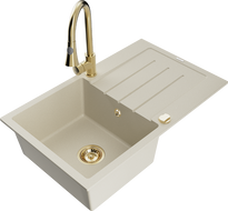 Mexen Bruno Granitspüle 1-beckig mit Abtropffläche und Küchenarmatur Elia, beige - 6513-69-670101-50