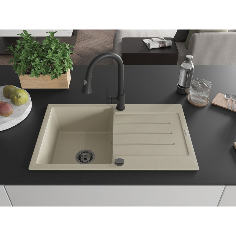 Mexen Bruno Évier en granit 1 bac avec égouttoir et robinet de cuisine Elia, beige - 6513-69-670101-70