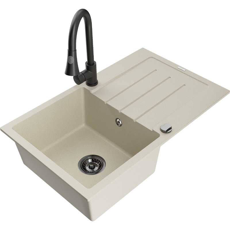 Mexen Bruno fregadero de granito de 1 cubeta con escurridor y grifo de cocina Elia, beige - 6513-69-670101-70