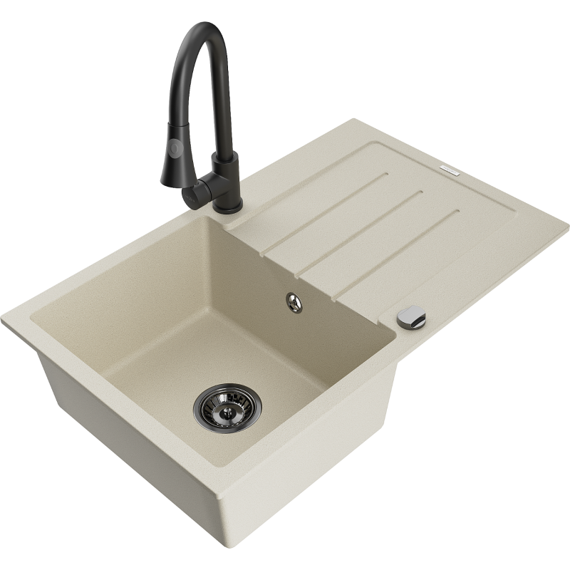 Mexen Bruno fregadero de granito de 1 seno con escurridor y grifo de cocina Elia, beige - 6513-69-670101-70