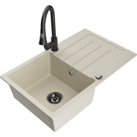 Mexen Bruno Granitspüle 1-beckig mit Abtropffläche und Küchenarmatur Elia, beige - 6513-69-670101-70