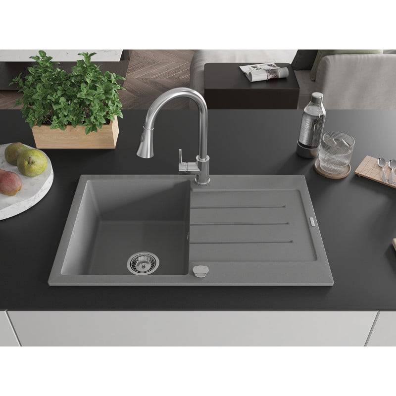 Mexen Bruno 1-bowl granite kitchen sink with drainer and Elia kitchen tap, grey - 6513-71-670101-00