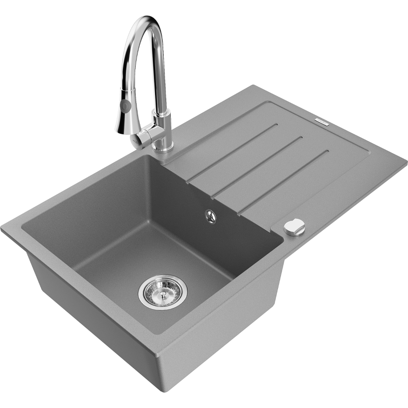 Mexen Bruno fregadero de granito de 1 cubeta con escurridor y grifo de cocina Elia, gris - 6513-71-670101-00
