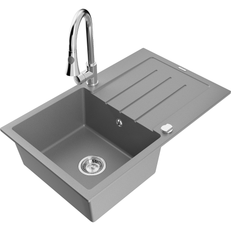 Mexen Bruno fregadero de granito de 1 cubeta con escurridor y grifo de cocina Elia, gris - 6513-71-670101-00