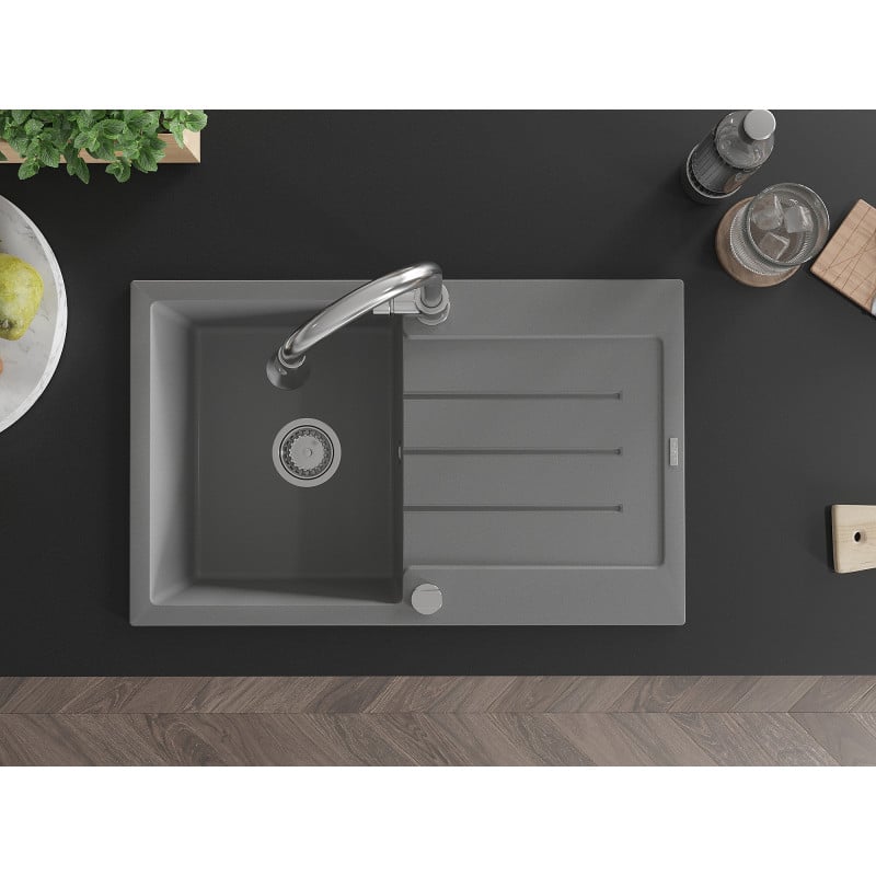 Mexen Bruno 1-bowl granite kitchen sink with drainer and Elia kitchen tap, grey - 6513-71-670101-00