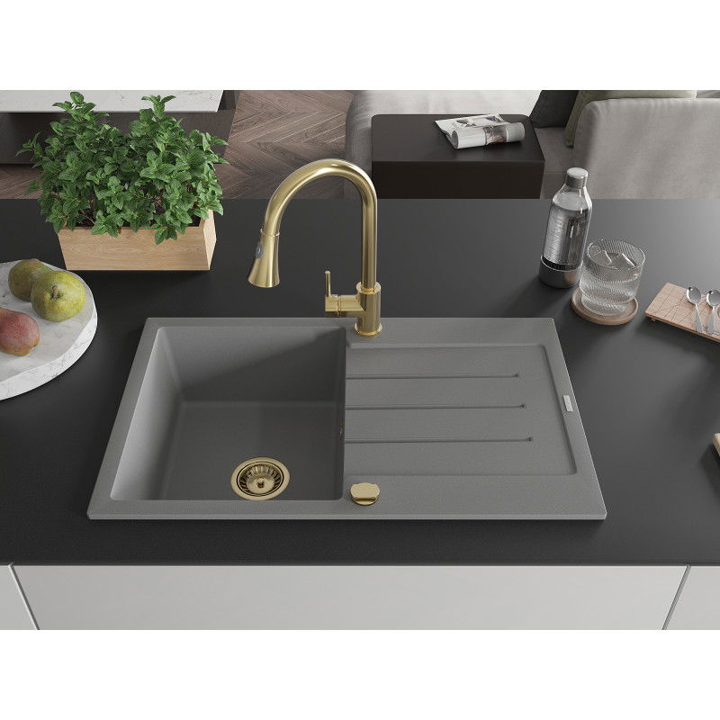 Mexen Bruno 1-bowl granite sink with drainer and Elia kitchen tap, grey - 6513-71-670101-50