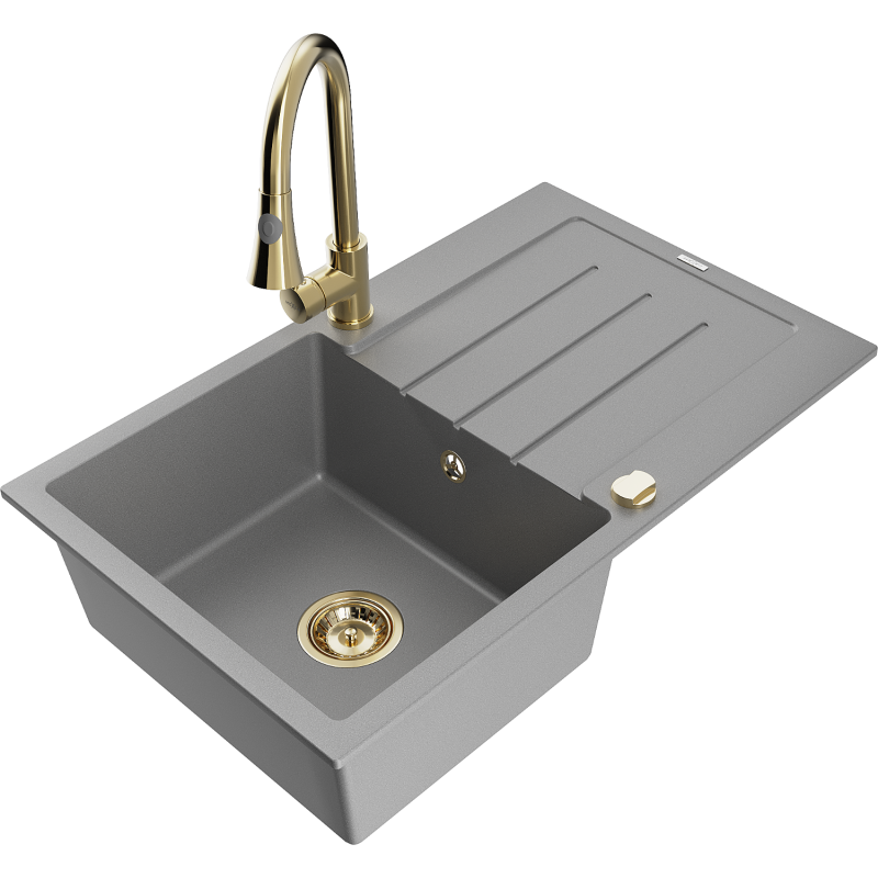 Mexen Bruno fregadero de granito de 1 cubeta con escurridor y grifo de cocina Elia, gris - 6513-71-670101-50