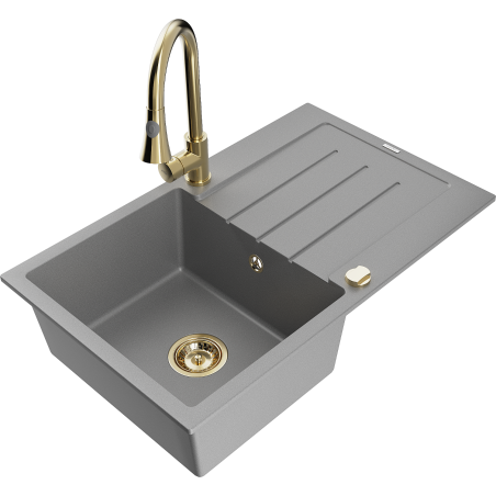Mexen Bruno fregadero de granito de 1 cubeta con escurridor y grifo de cocina Elia, gris - 6513-71-670101-50