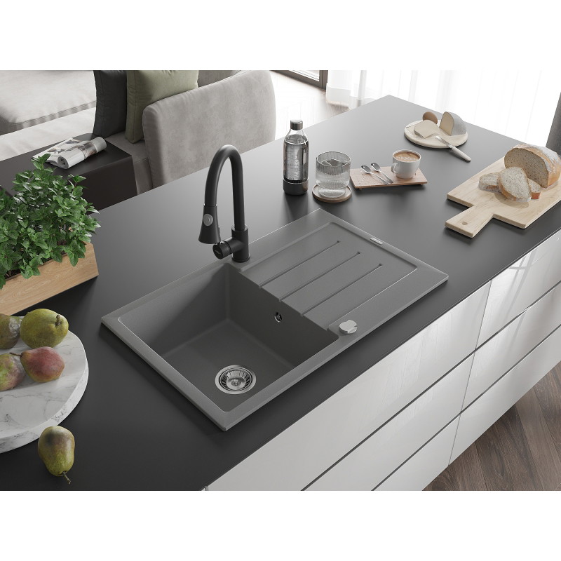 Mexen Bruno granieten spoelbak 1-komerig met afdruiprek en keukenkraan Elia, grijs - 6513-71-670101-70