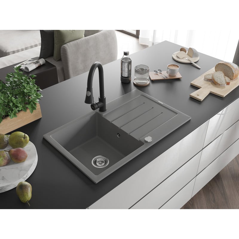 Mexen Bruno Granitspüle 1-becken mit Abtropffläche und Küchenarmatur Elia, grau - 6513-71-670101-70