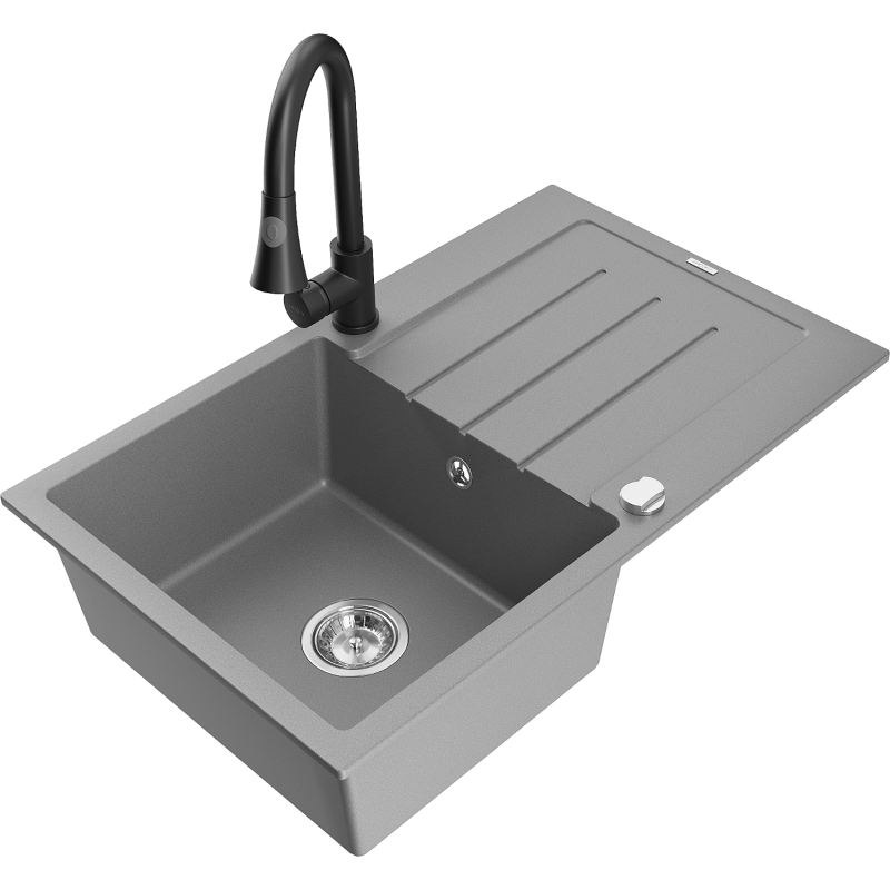 Mexen Bruno fregadero de granito de 1 compartimento con escurridor y grifo de cocina Elia, gris - 6513-71-670101-70
