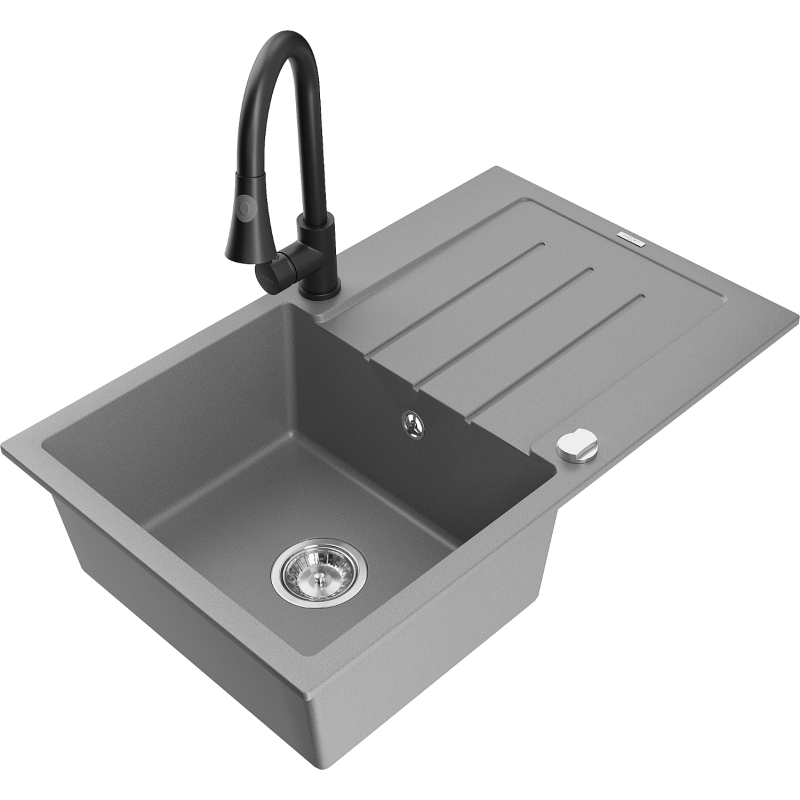 Mexen Bruno lava-louça de granito de 1 bacia com escorredor e torneira de cozinha Elia, cinza - 6513-71-670101-70