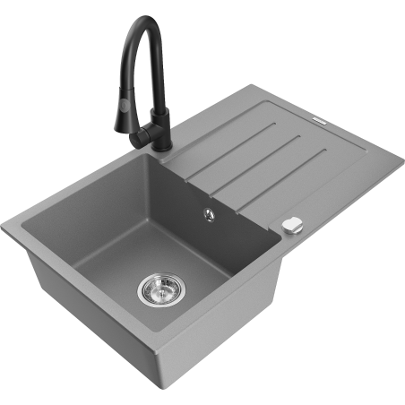 Mexen Bruno Granitspüle 1-becken mit Abtropffläche und Küchenarmatur Elia, grau - 6513-71-670101-70