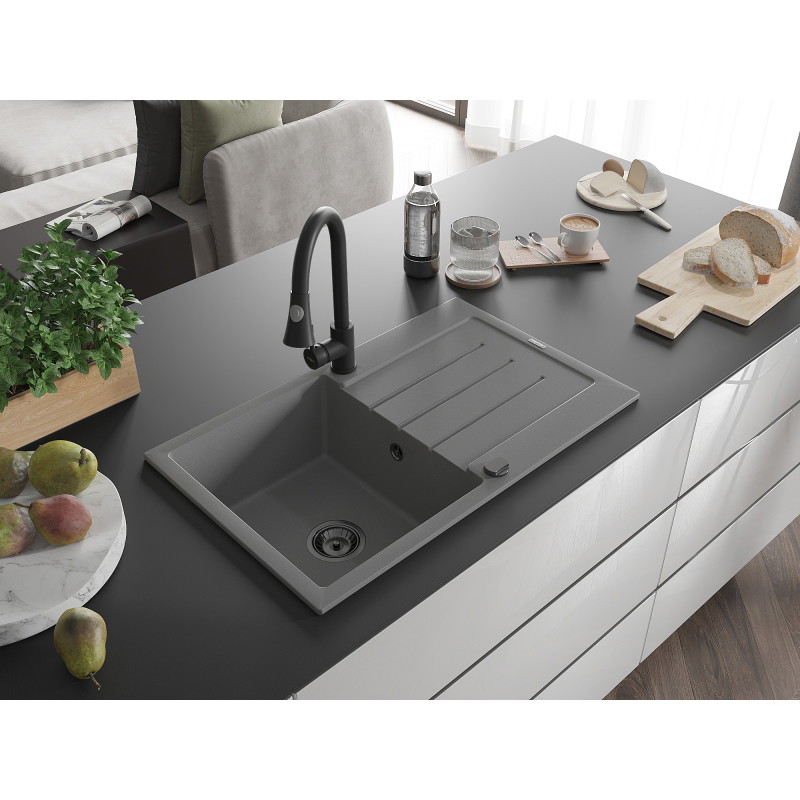Mexen Bruno fregadero de granito de 1 seno con escurridor y grifería de cocina Elia, gris - 6513-71-670101-70-B