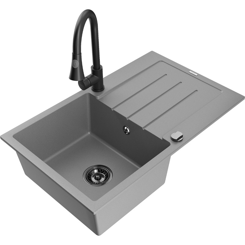 Mexen Bruno 1-Kammer Granitspüle mit Abtropffläche und Küchenarmatur Elia, grau - 6513-71-670101-70-B