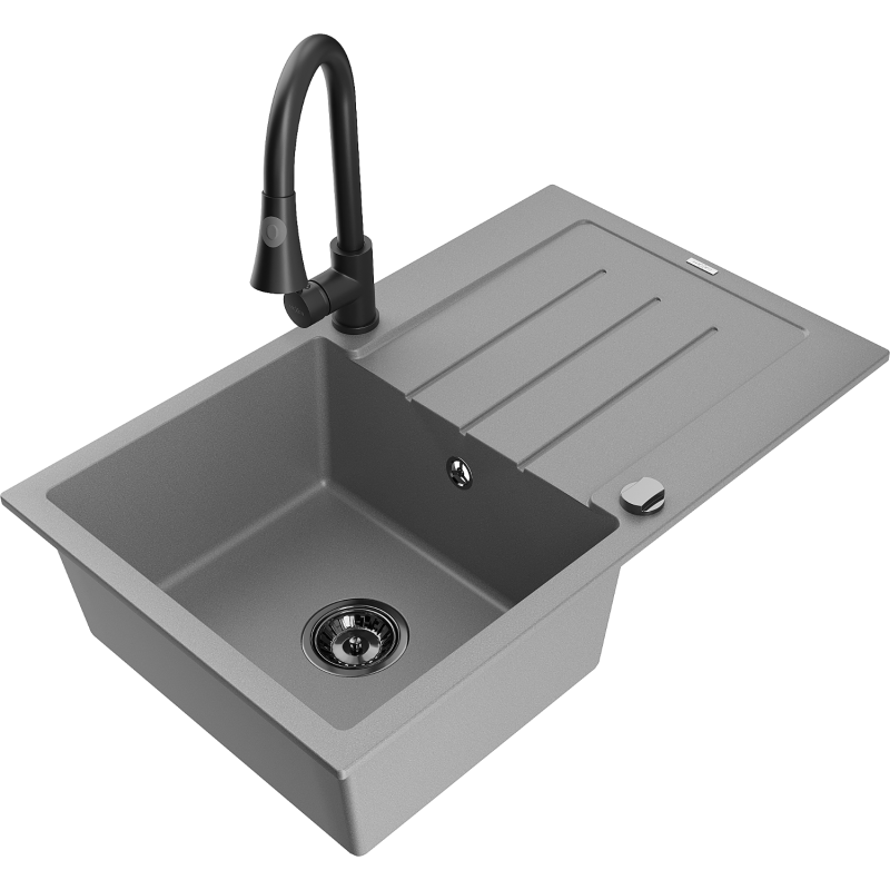 Mexen Bruno granite sink 1-bowl with drainer and Elia kitchen tap, grey - 6513-71-670101-70-B
