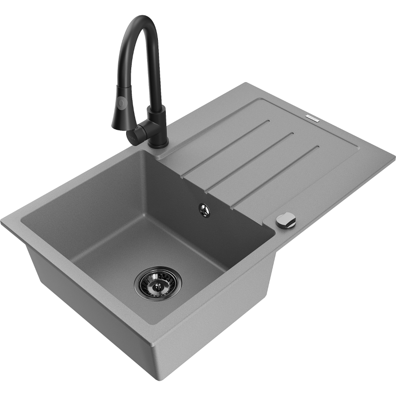 Mexen Bruno Granitspüle 1-Becken mit Abtropffläche und Küchenarmatur Elia, grau - 6513-71-670101-70-B