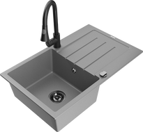 Mexen Bruno Granitspüle 1-Becken mit Abtropffläche und Küchenarmatur Elia, grau - 6513-71-670101-70-B