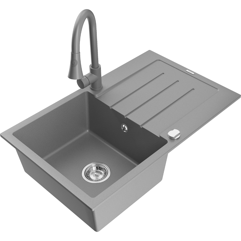 Mexen Bruno granite sink 1-bowl with drainer and Elia kitchen tap, grey - 6513-71-670101-71