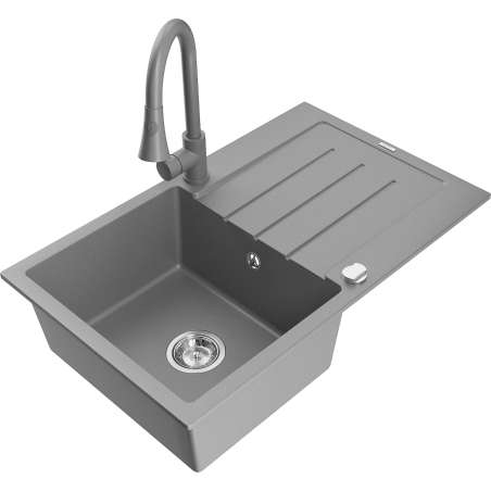 Mexen Bruno granite sink 1-bowl with drainer and Elia kitchen tap, grey - 6513-71-670101-71