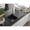 Mexen Bruno Granitspüle 1-beckig mit Abtropffläche und Küchenarmatur Elia, schwarz/silber Metallic - 6513-73-670101-00