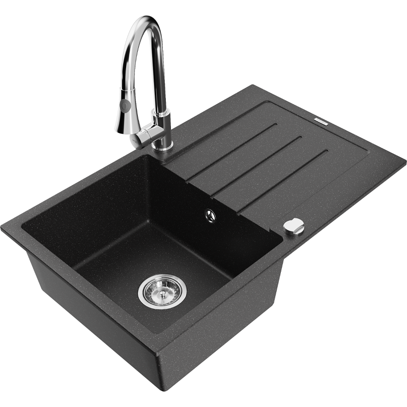 Mexen Bruno fregadero de granito de 1 cubeta con escurridor y grifo de cocina Elia, negro/plata metálica - 6513-73-670101-00