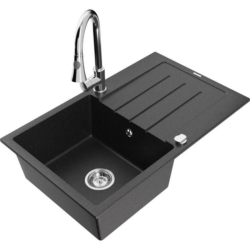 Mexen Bruno Granite Sink 1-Bowl with Drainer and Elia Kitchen Tap, Black/Silver Metallic - 6513-73-670101-00