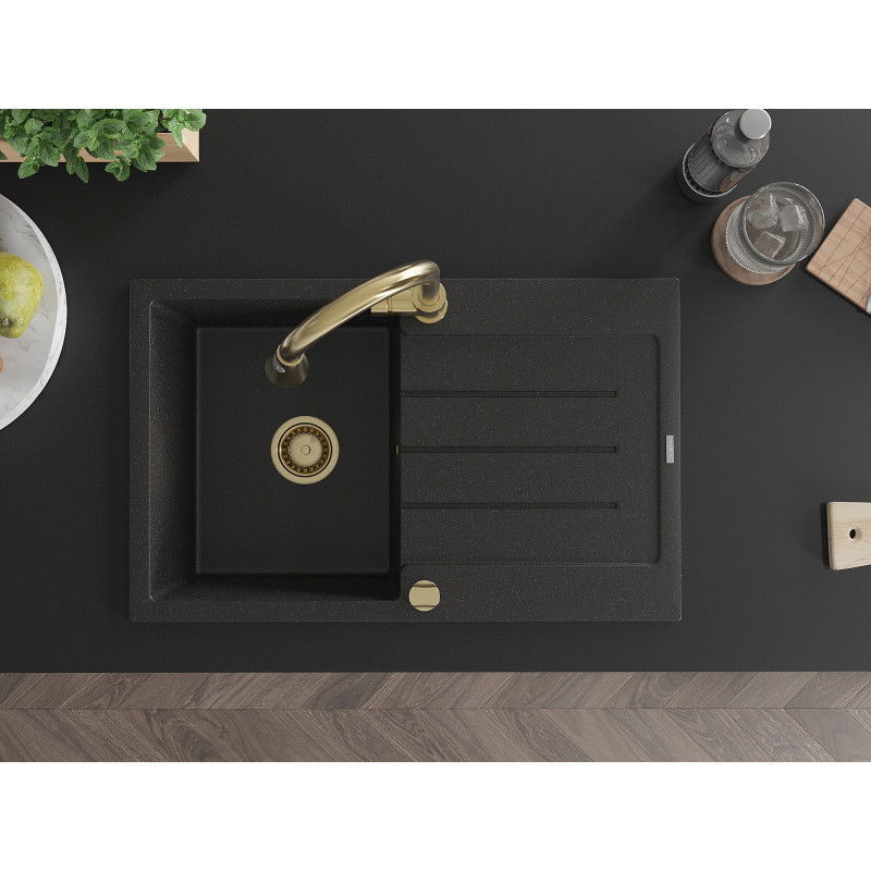 Mexen Bruno granieten spoelbak 1-kompartment met afdruiprek en keukenmengkraan Elia, zwart/zilver metallic - 6513-73-670101-50