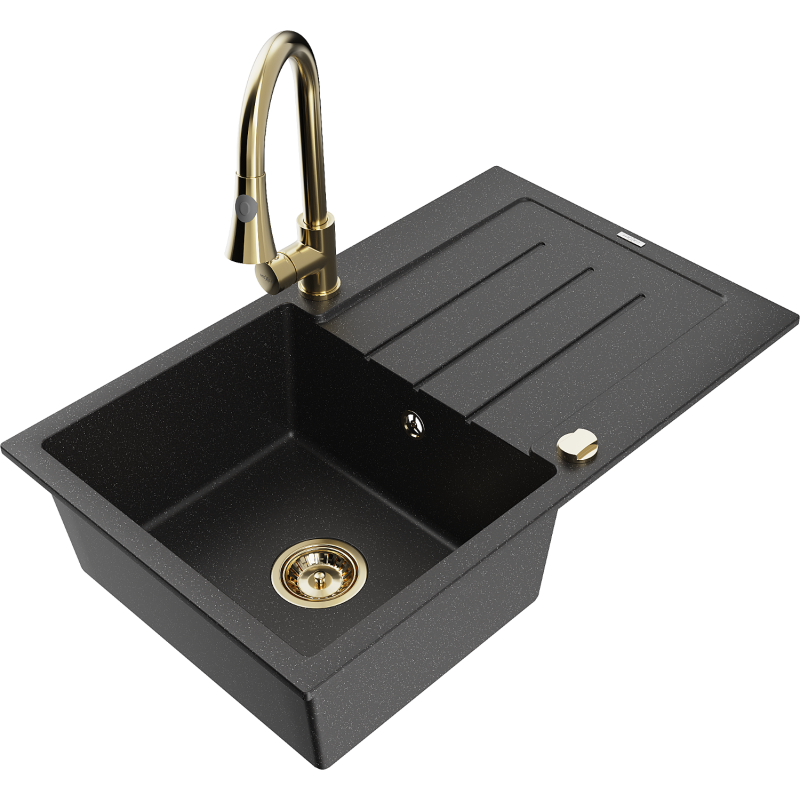 Mexen Bruno 1-bowl granite sink with drainer and Elia kitchen tap, black/silver metallic - 6513-73-670101-50