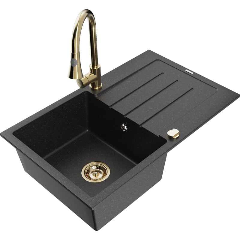 Mexen Bruno fregadero de granito de 1 cubeta con escurridor y grifo de cocina Elia, negro/plateado metálico - 6513-73-670101-50