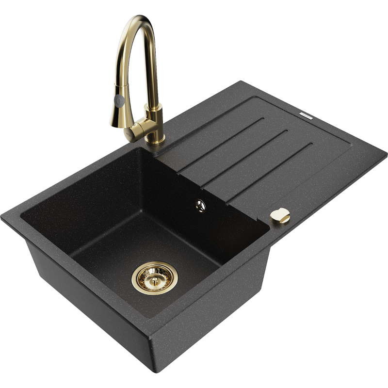Mexen Bruno fregadero de granito de 1 seno con escurridor y grifo de cocina Elia, negro/plateado metalizado - 6513-73-670101-50