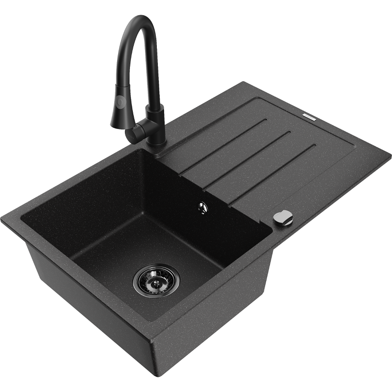 Mexen Bruno 1-bowl granite sink with drainer and Elia kitchen tap, black/silver metallic - 6513-73-670101-70-B