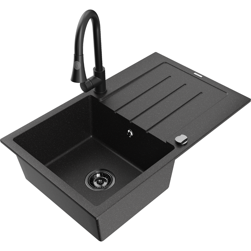 Mexen Bruno Spülbecken aus Granit 1-Schüssel mit Abtropffläche und Küchenarmatur Elia, schwarz/silber Metallic - 6513-73-670101?