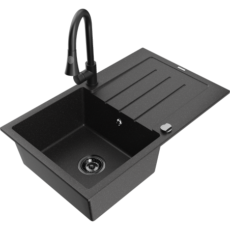Mexen Bruno granieten spoelbak met 1 bak en afdruiprek en Elia keukenkraan, zwart/zilver metallic - 6513-73-670101-70-B