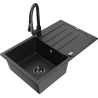 Mexen Bruno Granitspüle 1-Becken mit Abtropffläche und Küchenarmatur Elia, schwarz/silber metallic - 6513-73-670101-70-B