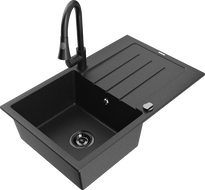 Mexen Bruno Granitspüle 1-Becken mit Abtropffläche und Küchenarmatur Elia, schwarz/silber metallic - 6513-73-670101-70-B