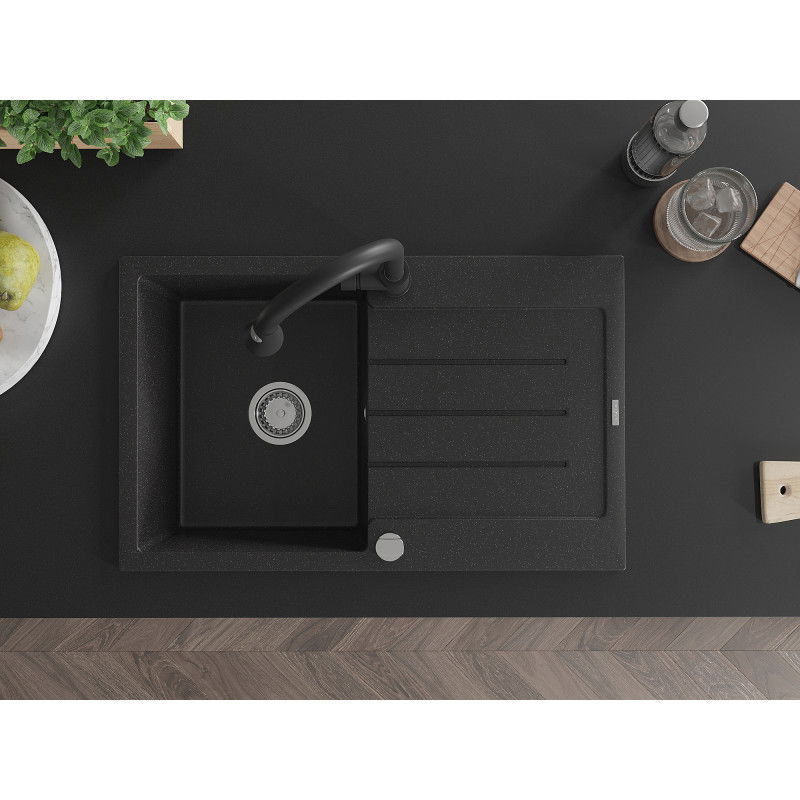 Mexen Bruno fregadero de granito de 1 seno con escurridor y grifo de cocina Elia, negro/plateado metálico - 6513-73-670101-70