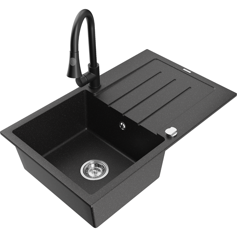 Mexen Bruno évier en granit à 1 bac avec égouttoir et robinet de cuisine Elia, noir/métal argenté - 6513-73-670101-70