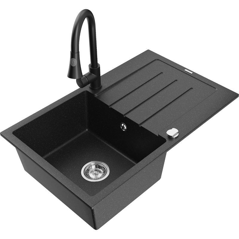 Mexen Bruno Granitspüle 1-Becken mit Abtropffläche und Küchenarmatur Elia, schwarz/silber metallik - 6513-73-670101-70
