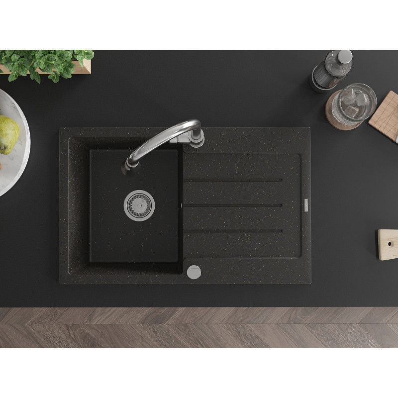 Mexen Bruno granieten spoelbak met 1 bak en afdruiprek en keukenmengkraan Elia, zwart/goud metallic - 6513-75-670101-00