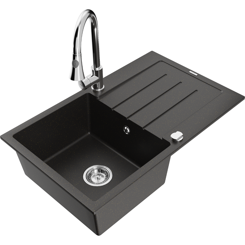 Mexen Bruno Graniittinen 1-allas keittiöallas valutustasolla ja keittiöhanalla Elia, musta/kultainen metalli