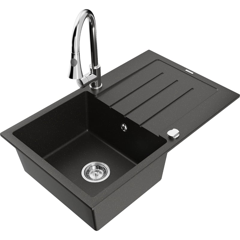 Mexen Bruno granite kitchen sink 1-bowl with drainer and Elia kitchen faucet, black/gold metallic - 6513-75-670101-00