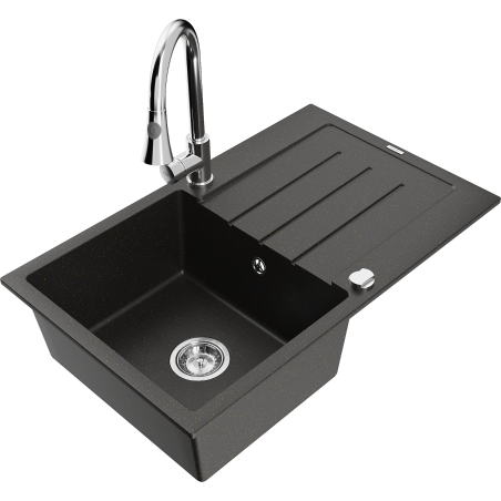 Mexen Bruno granite kitchen sink 1-bowl with drainer and Elia kitchen faucet, black/gold metallic - 6513-75-670101-00