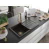 Mexen Bruno lavello in granito a 1 vasca con gocciolatoio e rubinetto da cucina Elia, nero/oro metallizzato - 6513-75-670101-50