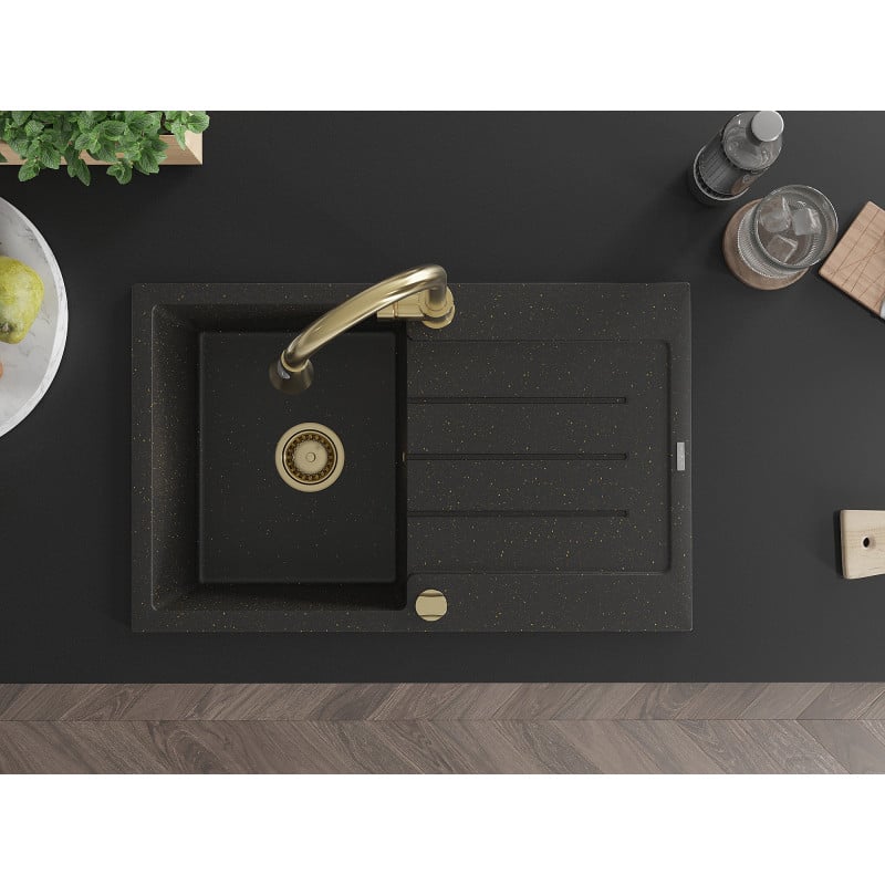 Mexen Bruno évier en granit 1 bac avec égouttoir et robinet de cuisine Elia, noir/métallisé or - 6513-75-670101-50