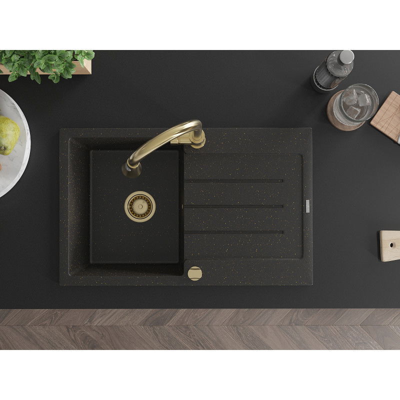 Mexen Bruno granieten spoelbak 1-kommetje met afdruiprek en keukenmengkraan Elia, zwart/gouden metallic - 6513-75-670101-50