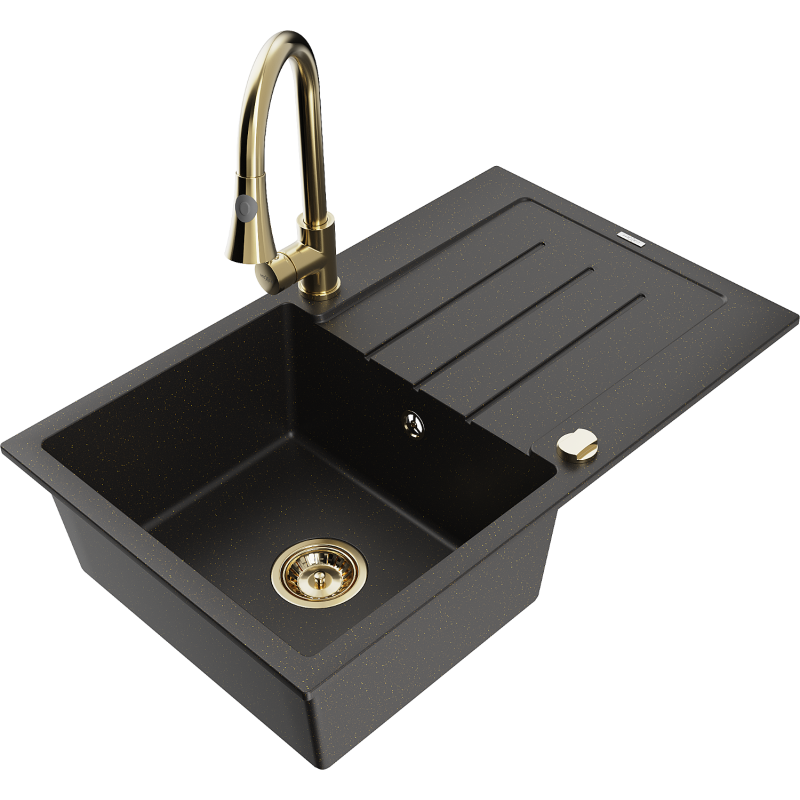 Mexen Bruno Granitspüle 1-Becken mit Abtropffläche und Küchenarmatur Elia, schwarz/gold metallic - 6513-75-670101-50