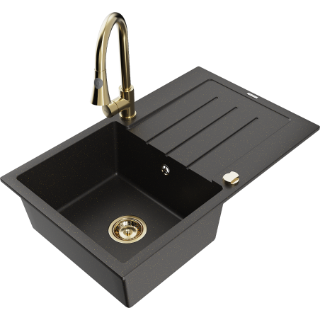 Mexen Bruno fregadero de granito de 1 cubeta con escurridor y grifo de cocina Elia, negro/dorado metálico - 6513-75-670101-50