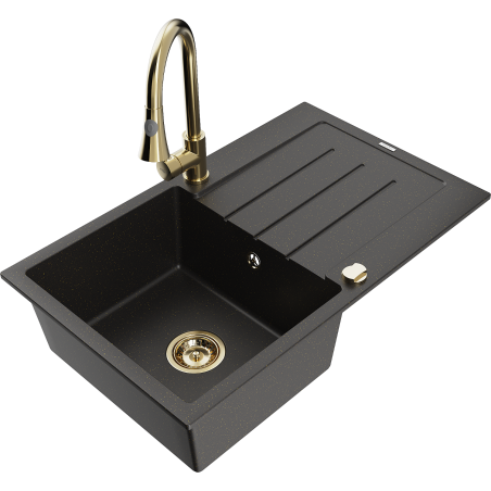 Mexen Bruno granit gootsteen 1-komorige met afdruiprek en keukenkraan Elia, zwart/goud metallic - 6513-75-670101-50