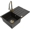Mexen Bruno évier en granit 1 bac avec égouttoir et robinet de cuisine Elia, noir/métallisé or - 6513-75-670101-50